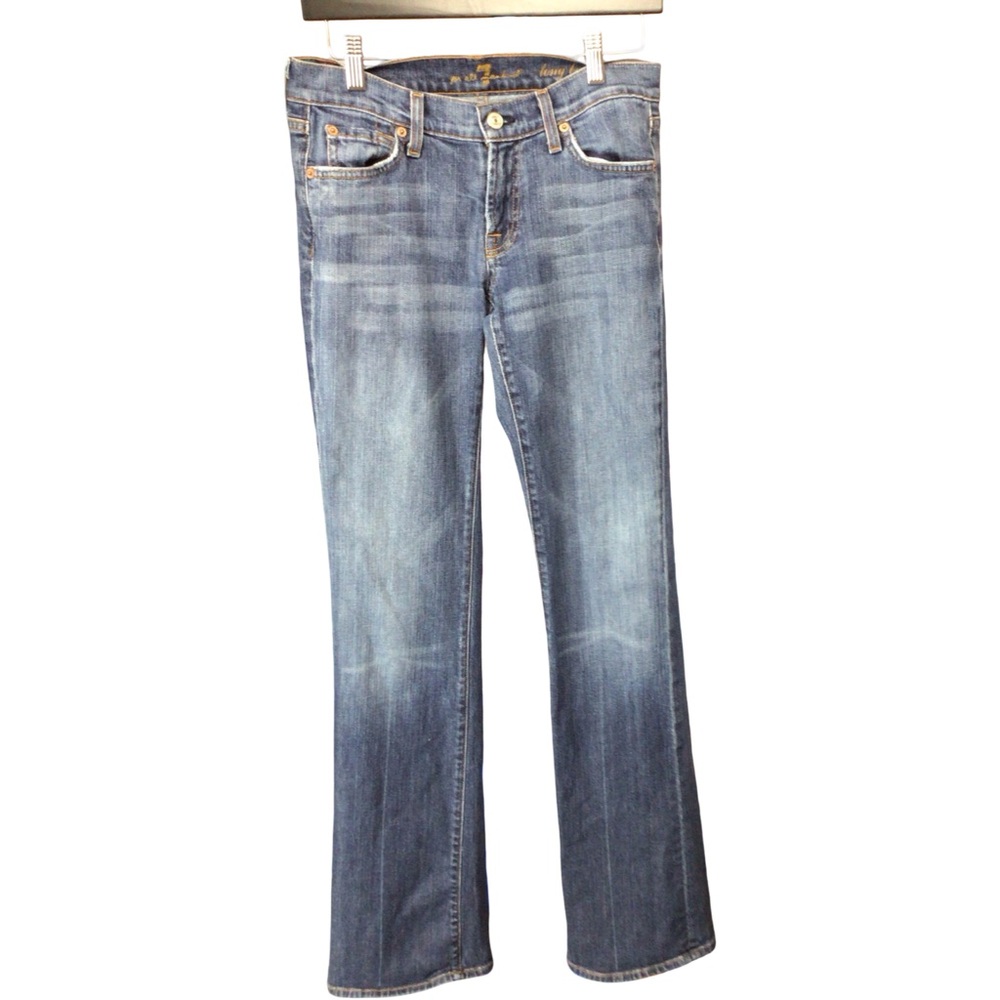 7 For All Mankind Women's Blue Long Bootcut Flare Jeans -Disstressing size 28”